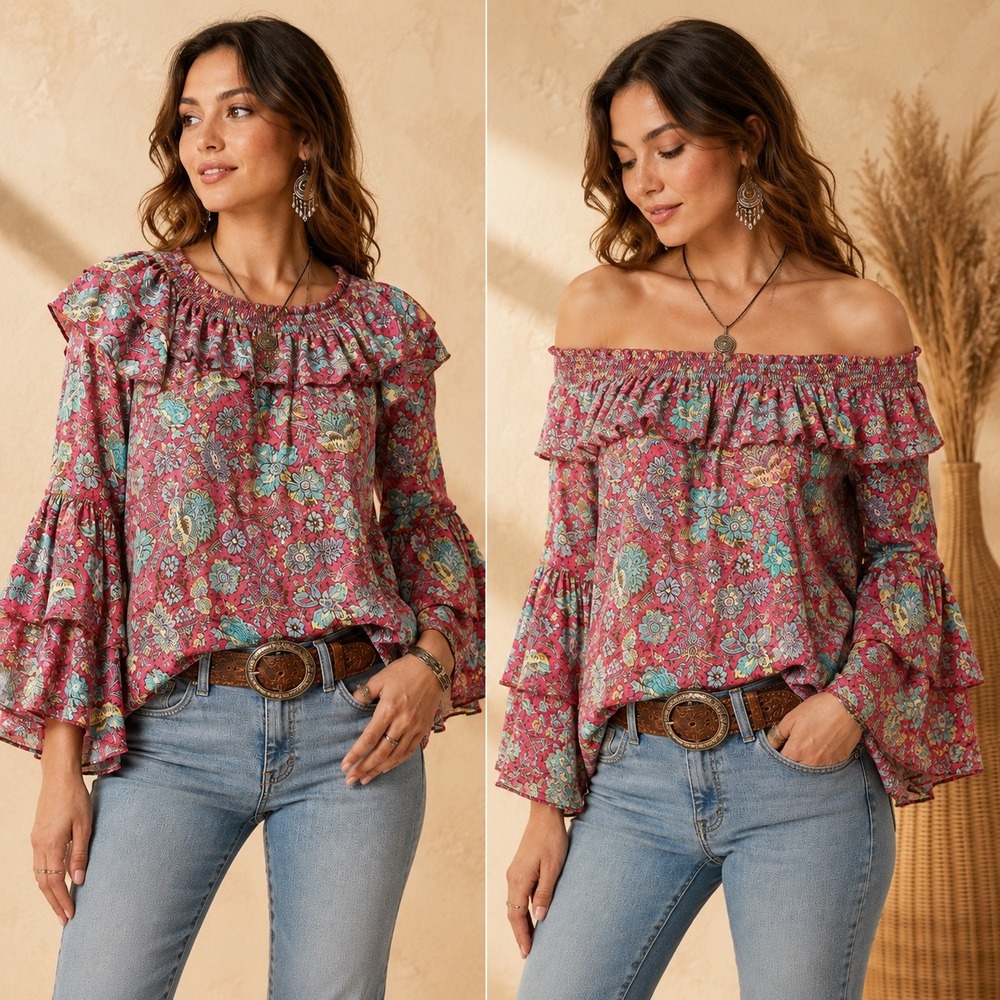 Earthbound Trading Co Blouse Women S Pink Floral Ruffle Bell Sleeve Boho Top